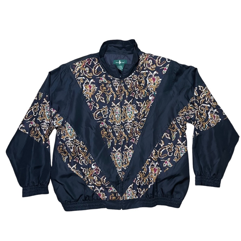 Vintage Hunt Club Silk Black Printed Zip Windbreaker Jacket XL 90s Sporty